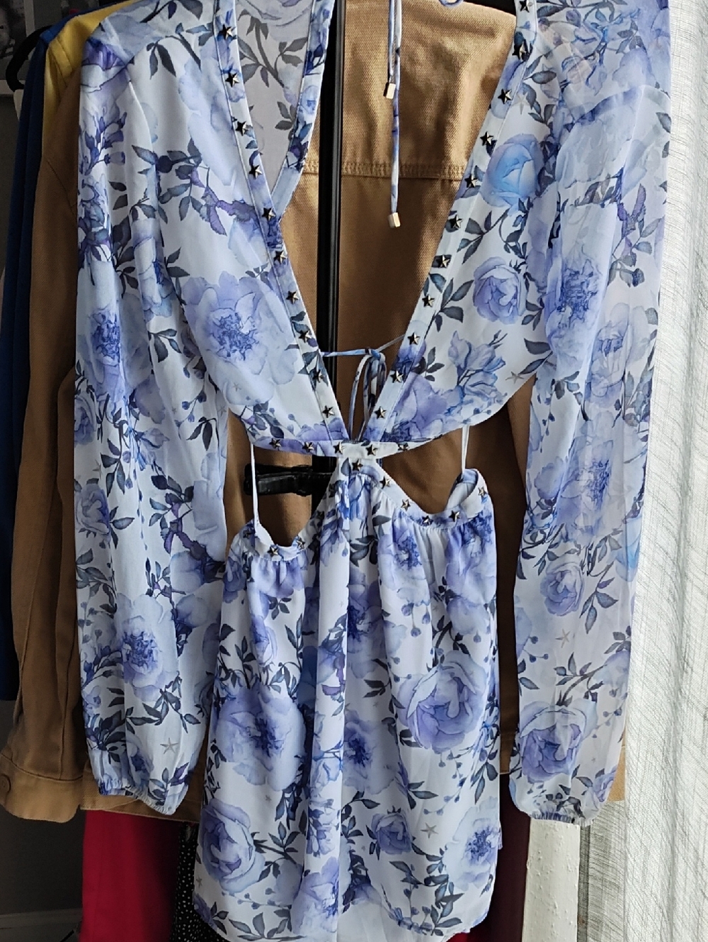 White Fox Boutique Light Blue Floral Backless Mini Dress